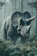 Fototapeta premium Mighty dinosaur roams lush forest, showcasing impressive horns a