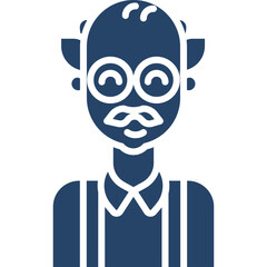 Stylized illustration of an elderly man with glasses and a mustache wearing overalls and a collared shirt against a transparent background