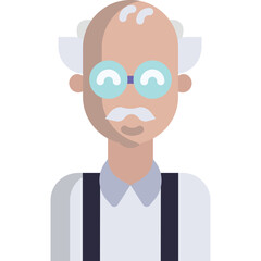 Stylized Illustration of an Elderly Male Scientist with White Hair and Mustache Wearing Glasses and Suspenders Against a Transparent Background