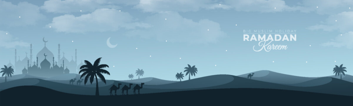 Ramadan Kareem illustration featuring a vibrant desert scene with a radiant sky, camels, date palms, and mosque.