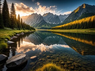 Majestic Mountain Lake Reflection: Scenic Landscape with Golden Light & Pine Trees - Perfect for Nature & Travel Themes
