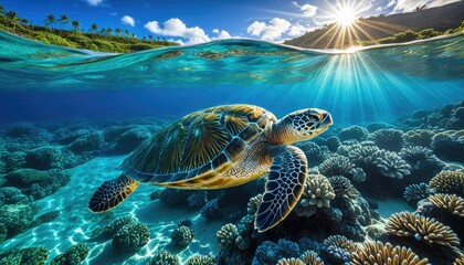 Obraz premium Majestic Sea Turtle Swimming in Tropical Paradise: Underwater View with Sunbeams and Vibrant Coral Reef Ecosystem
