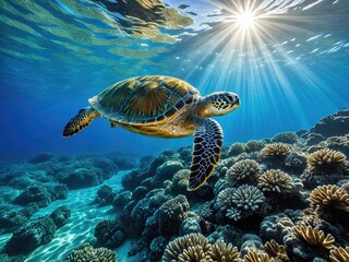 Majestic Green Sea Turtle Glides Through Sunlit Coral Reef - Underwater Wildlife Photography