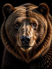 Majestic Grizzly Bear Portrait: Captivating Close-Up with Intense Gaze & Detailed Fur Against Dark Background