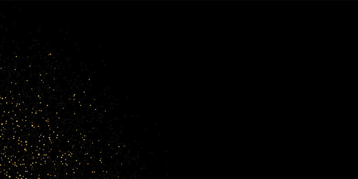 Gold glitter texture on a black background. Holiday background. Golden explosion of confetti. Golden grainy abstract texture on a black background. Design element