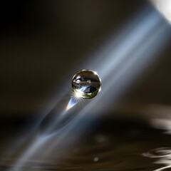 Close-up of a single water droplet suspended above a smooth surface with light reflections and a blurred background, highlighting the beauty of nature and physics in motion