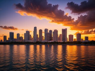 Miami Skyline at Sunset: Golden Hour Reflections on Biscayne Bay - Urban Landscape Photography, Florida Travel Destination