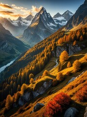 Majestic Alpine Landscape: Golden Hour Mountains, Autumn Colors, Scenic Switzerland Travel Photography