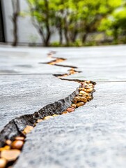 A close-up, low-angle view of a cracked stone pathway with small, colorful pebbles filling the fissure, set against a blurred background of green foliage.