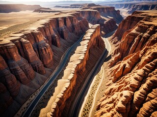 Majestic Desert Canyon Road: Aerial View of Red Rock Formations and Winding Highway in the American Southwest Landscape