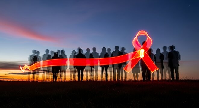 People standing behind an illuminated red ribbon against a sunset sky