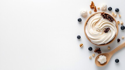 A top-down view of a wooden bowl filled with swirling white cream, garnished with blueberries, nuts, and meringues, with a wooden spoon holding a dollop of crea