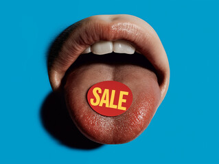 A mouth sticks out a tongue with a red sale sticker placed at the center. Playful and edgy visual concept for bold sales announcements.