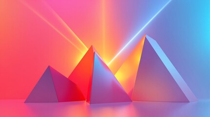 Abstract neon pyramids with light rays against blurred backdrop