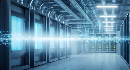Interior of a modern data center with glowing blue servers and digital connections