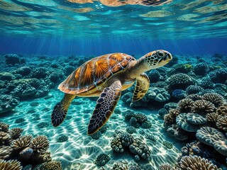 Fototapeta premium Majestic Sea Turtle Gliding Through Vibrant Coral Reef - Underwater Wildlife Photography, Ocean Conservation, Tropical Marine Life