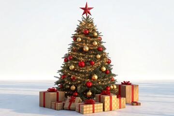 Festively decorated Christmas tree adorned with ornaments and surrounded by wrapped gifts on a snowy surface.