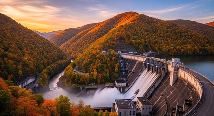 Dam and reservoir surrounded by autumn mountains