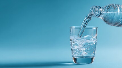 Pouring fresh clear water from bottle into glass on light blue background