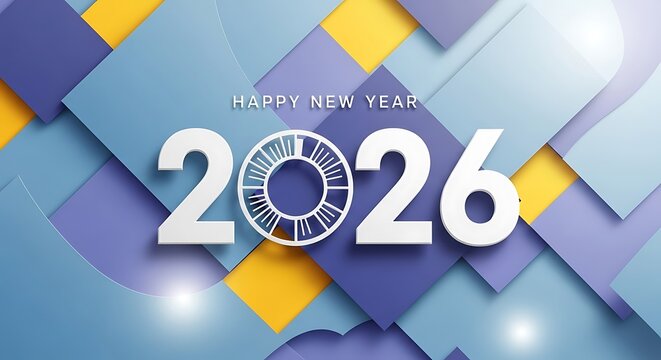 Happy new year 2026 with abstract geometric shapes and bokeh lights - Powered by Adobe
