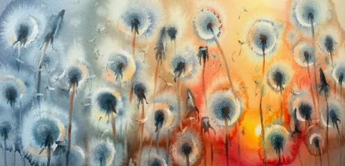 Dandelions meadow during sunset abstract watercolor background
