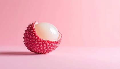 Stylized lychee fruit with spiky red shell and glossy white flesh on pink background