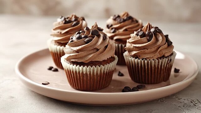 A delightful arrangement of four gourmet chocolate cupcakes, richly frosted and adorned with chocolate chips, presented on a subtle pink plate. These tempting sweet treats feature moist chocolate cake