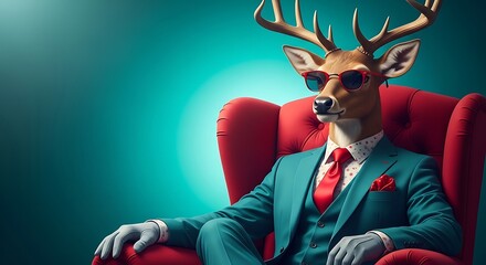 Anthropomorphic deer in suit and sunglasses sitting in a red armchair