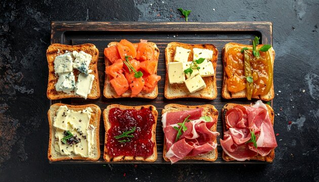 Assorted toast slices with diverse toppings on dark surface
