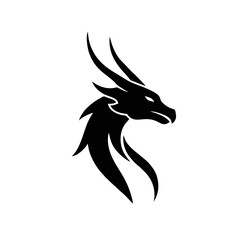 Silhouette Abstract Dragon With Horns Formed From Flowing Curved Lines, Simple Logo