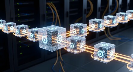 Futuristic data transmission concept with glowing cubes and wires in a server room