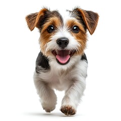 Happy Jack Russell Terrier Puppy Running Towards Camera on White Background. Generative AI
