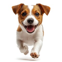 Happy Jack Russell Terrier Puppy Running Towards Camera on White Background. Generative AI