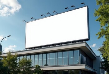 Fototapeta premium Large blank billboard mock up on modern building exterior, surrounded by greenery and clear blue sky, ideal for advertising and promotional displays