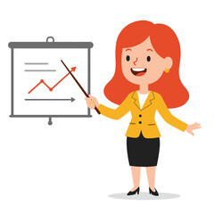 Cartoon businesswoman presenting a line graph showing financial growth on a screen.