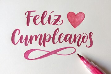 Handwritten 'Feliz Cumpleanos' with a heart and marker on white paper, celebrating a birthday.