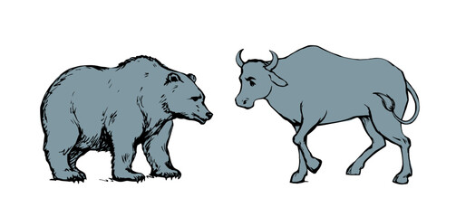 Vector drawing. Big cow and bear