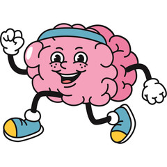 Pink Cartoon Brain Character With Blue Headband And Sneakers Running Joyfully With A Smile On Its Face Against A Transparent Background