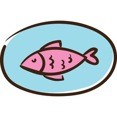 Pink cartoon fish with closed eyes inside a brown oval frame on a light blue background simple illustration with no background elements perfect for design and decor