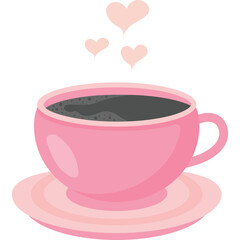 Pink ceramic coffee cup with saucer filled with dark coffee and steam rising in soft pink heart shapes against a transparent background symbolizing warmth and affection