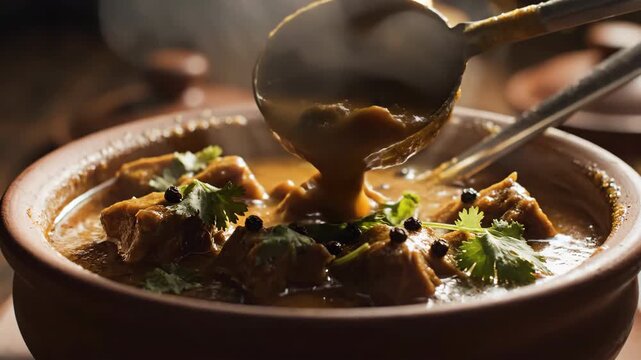 Hearty Meat Stew Served in Rustic Clay Pot with Fresh Herbs and Steaming Aroma