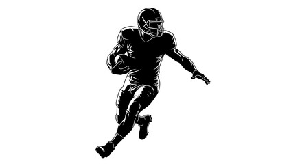 A football player runs with a ball in a black and white illustration