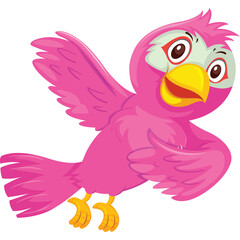 Pink cartoon bird with yellow beak and orange feet in flight with wings spread open against a transparent background vibrant and cheerful illustration