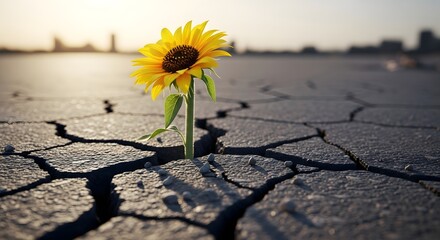 A single sunflower growing through cracked, dry ground under bright sunlight, symbolizing resilience and hope in challenging environments
