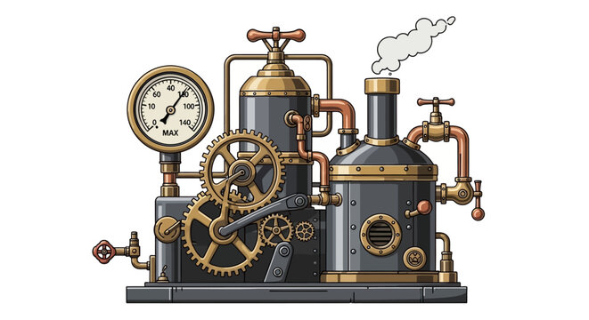 A stylized steam engine with gears pipes valves and a gauge emitting smoke on a white background