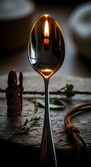 A close-up of a reflective spoon with a lit candle flame captured in its surface, creating an intriguing visual effect with warm lighting and detailed surroundings