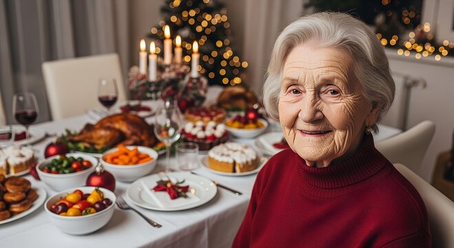 Elderly woman smiling at festive Christmas dinner table with food