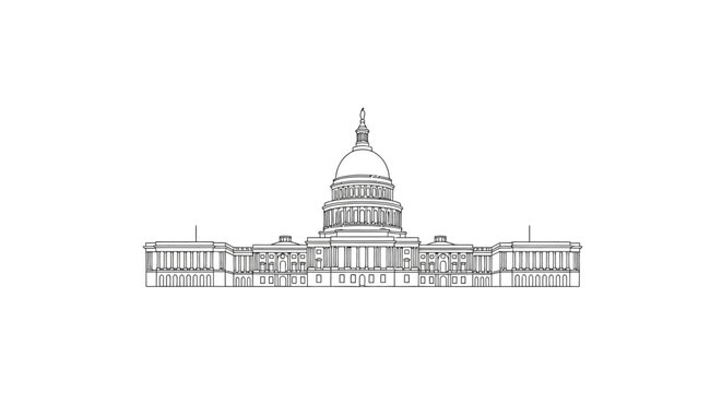 Detailed line drawing of a domed building possibly a government building