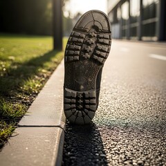 Close-up of a worn-out shoe sole resting on the edge of a sidewalk in an outdoor urban environment during daytime
