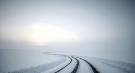Journey through winter wonderland on a winding road, embracing solitude and the vast, frosted landscape under a soft, diffused light